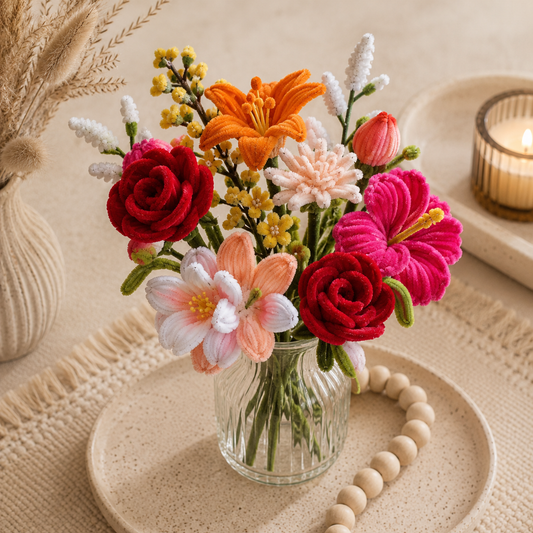 Vase with colorful artificial flowers on a textured surface